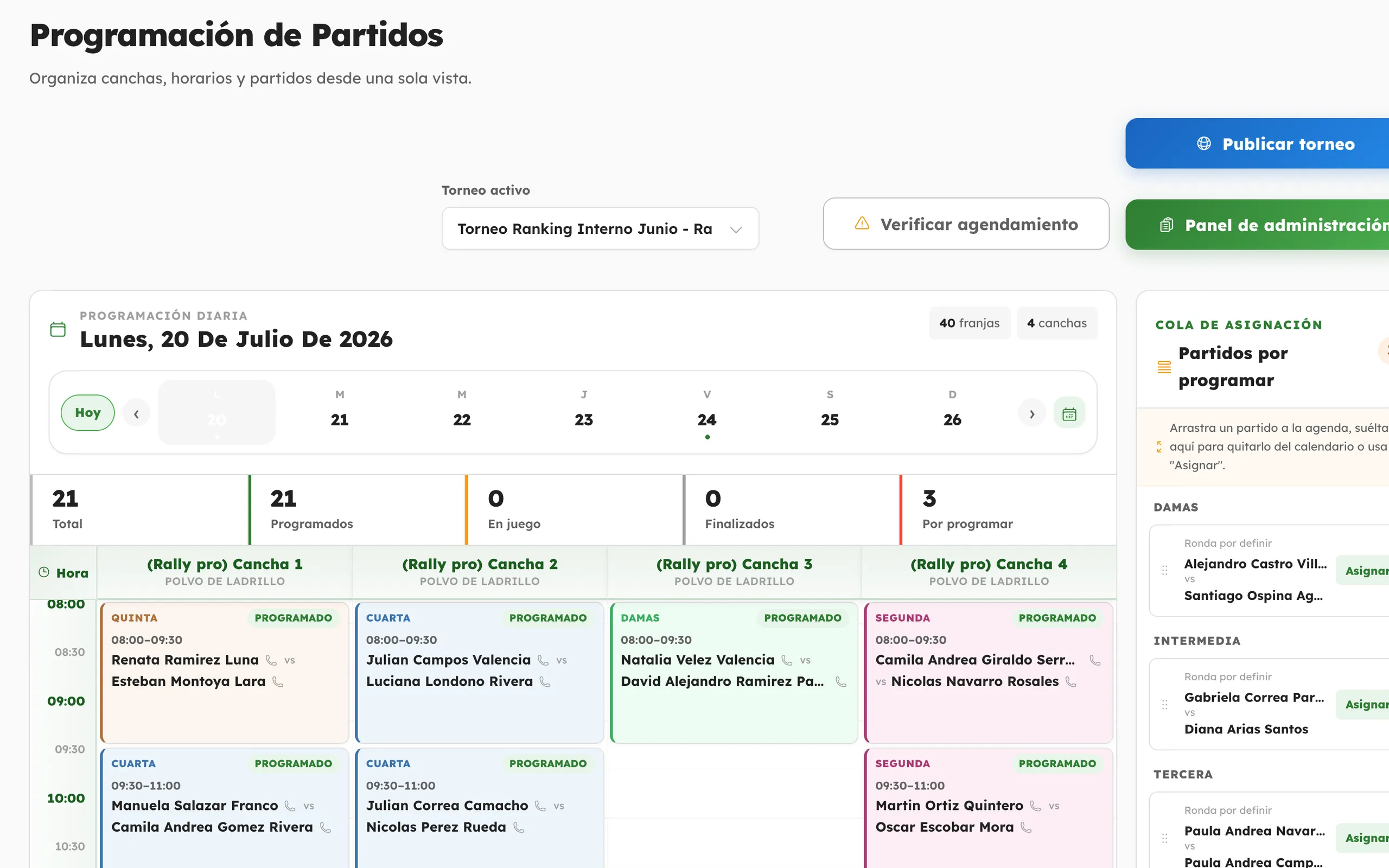 Sinnet App — Drag and schedule matches across courts and time slots.