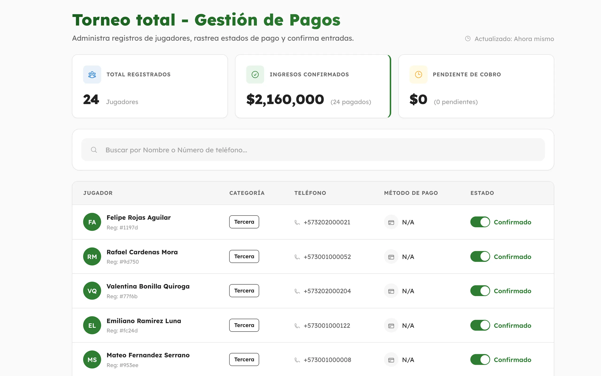 Sinnet App — Track registrations and confirmed payments.