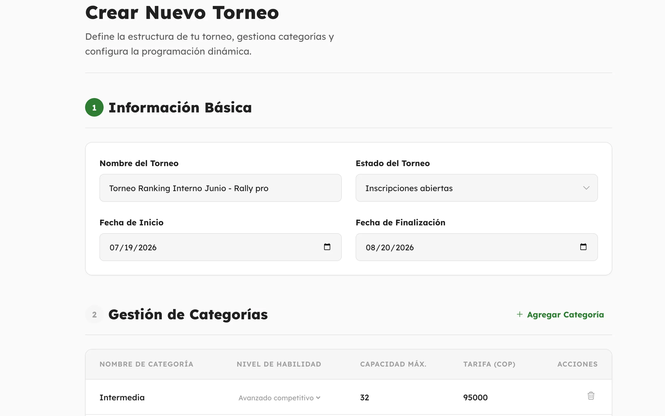 Sinnet App — Create the tournament, its categories and entry fees.